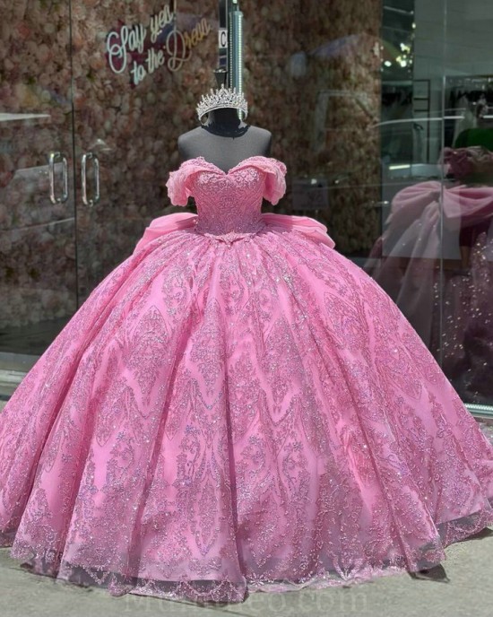 Off Shoulder Vestidos De 15 Anos Fuchsia Quince Dress Sequin Girl Birthday Gowns Sweetheart Neck Sweet 15 Gown With Bow