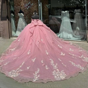 Off Shoulder Vestidos De 15 Anos Pink Quince Dress Lace Appliques Girl Birthday Gowns Sweetheart Neck Sweet 15 Gown With Bow