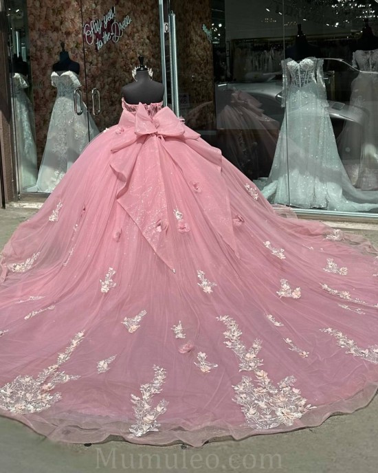 Off Shoulder Vestidos De 15 Anos Pink Quince Dress Lace Appliques Girl Birthday Gowns Sweetheart Neck Sweet 15 Gown With Bow