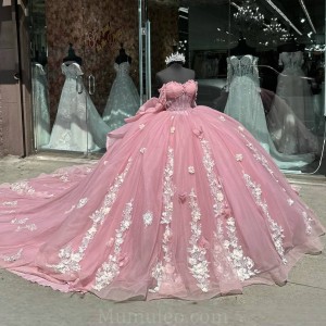 Off Shoulder Vestidos De 15 Anos Pink Quince Dress Lace Appliques Girl Birthday Gowns Sweetheart Neck Sweet 15 Gown With Bow