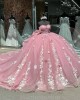 Off Shoulder Vestidos De 15 Anos Pink Quince Dress Lace Appliques Girl Birthday Gowns Sweetheart Neck Sweet 15 Gown With Bow