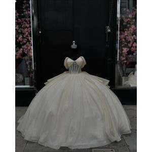 Off The Shoulder Champagne Gown For Sweet 16 Quinceanera Dresses With Bow On The Back