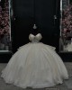 Off The Shoulder Champagne Gown For Sweet 16 Quinceanera Dresses With Bow On The Back