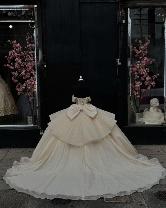 Off The Shoulder Champagne Gown For Sweet 16 Quinceanera Dresses With Bow On The Back