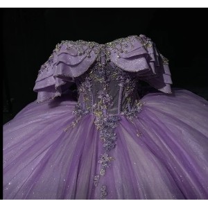 Off The Shoulder Lilac Quinceanera Dress With Flare Sleeves And Lace Appliques