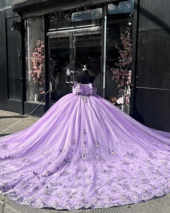 Off The Shoulder Lilac Quinceanera Dress With Flare Sleeves And Lace Appliques