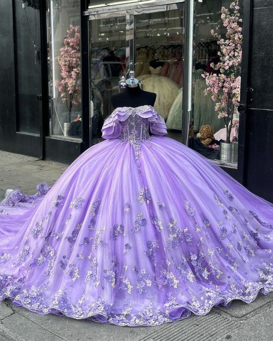 Off The Shoulder Lilac Quinceanera Dress With Flare Sleeves And Lace Appliques