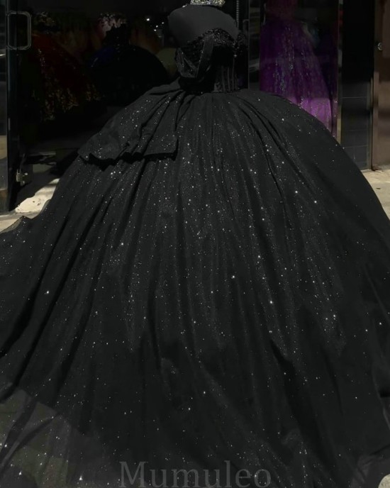 Off Shoulder Black Vestidos De 15 Anos Sweet 15 Gowns Sequin Quinceanera Dress Sweetheart Neck 2024 Ball Gown Princess Dresses With Bow