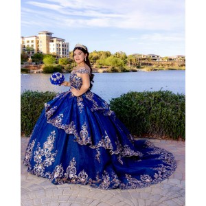 Off Shoulder Blue Quinceanera Dress Floral Glitter Ball Gown Sweetheart Neck Floral Appliques Cocktail Dresses 2024