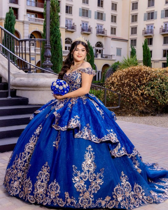 Off Shoulder Blue Quinceanera Dress Floral Glitter Ball Gown Sweetheart Neck Floral Appliques Cocktail Dresses 2024