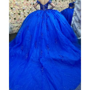 Off Shoulder Blue Quinceanera Dresses Shiny Lace Beading Vestidos De 15 Anos Birthday Party Princess Dress