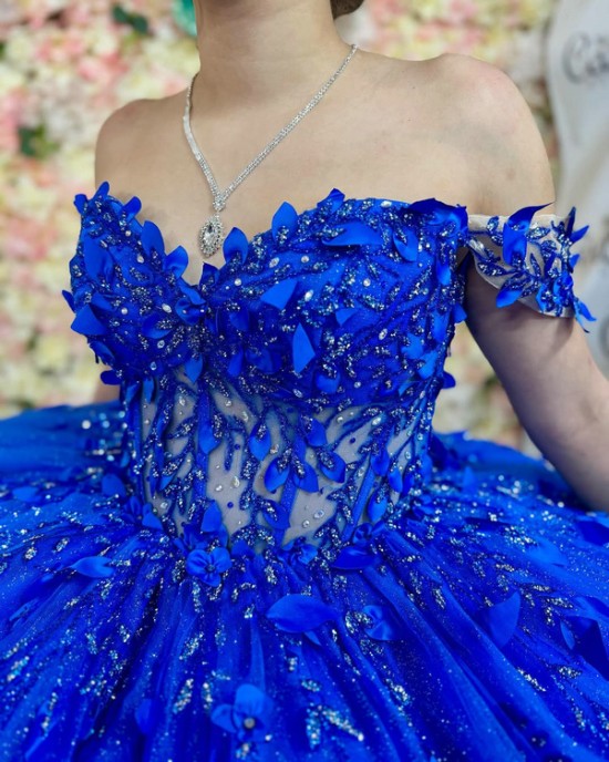 Off Shoulder Blue Quinceanera Dresses Shiny Lace Beading Vestidos De 15 Anos Birthday Party Princess Dress