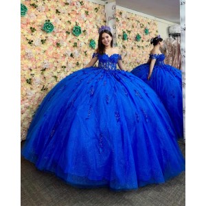 Off Shoulder Blue Quinceanera Dresses Shiny Lace Beading Vestidos De 15 Anos Birthday Party Princess Dress