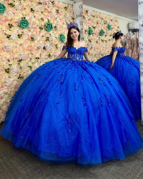 Off Shoulder Blue Quinceanera Dresses Shiny Lace Beading Vestidos De 15 Anos Birthday Party Princess Dress