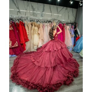 Off Shoulder Burgundy Quinceanera Dress Sweetheart Neck Vestidos De 15 Anos Tiered Sweet 16 Birthday Pageant Party Ball Gown Customized