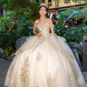 Off Shoulder Champagne Quinceanera Dress Ball Gown Lace Applique Corset Mexican Sweet 16 Vestidos De 15 Anos