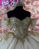 Off Shoulder Champagne Quinceanera Dress Birthday Party Gowns Gold Lace Appliques Sweetheart Neck Vestidos De 15 Anos With Bow