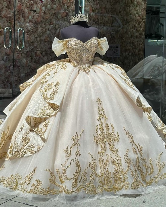 Off Shoulder Champagne Quinceanera Dress Birthday Party Gowns Gold Lace Appliques Sweetheart Neck Vestidos De 15 Anos With Bow