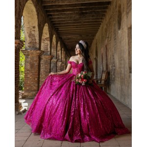 Off Shoulder Fuchsia Quinceanera Dress Sequin Birthday Party Gowns Sweetheart Neck Vestidos De 15 Anos With Bow