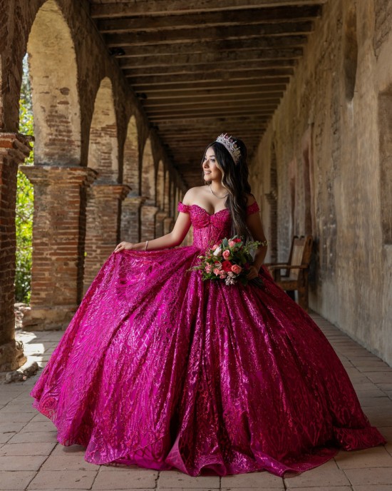 Off Shoulder Fuchsia Quinceanera Dress Sequin Birthday Party Gowns Sweetheart Neck Vestidos De 15 Anos With Bow