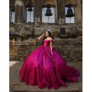 Off Shoulder Fuchsia Quinceanera Dress Sequin Birthday Party Gowns Sweetheart Neck Vestidos De 15 Anos With Bow