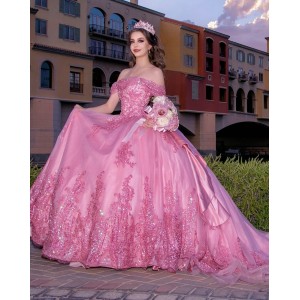 Off Shoulder Hot Pink Quinceanera Dress Sequin Lace Appliques Birthday Party Gowns Sweetheart Neck Vestidos De 15 Anos