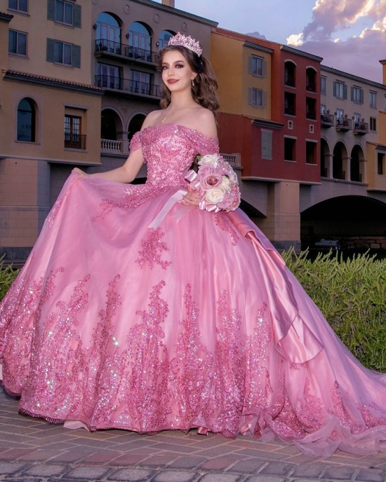 Off Shoulder Hot Pink Quinceanera Dress Sequin Lace Appliques Birthday Party Gowns Sweetheart Neck Vestidos De 15 Anos