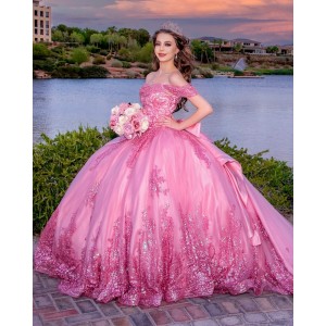 Off Shoulder Hot Pink Quinceanera Dress Sequin Lace Appliques Birthday Party Gowns Sweetheart Neck Vestidos De 15 Anos