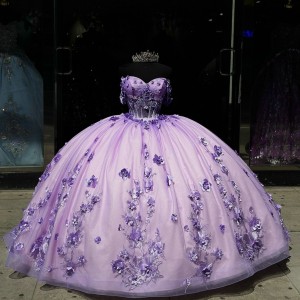 Off Shoulder Lilac Quince Dress Sweetheart Neck Vestidos De 15 Anos Sheer Bodice Sequin Birthday Party Dress With 3D Flowers