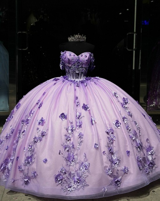 Off Shoulder Lilac Quince Dress Sweetheart Neck Vestidos De 15 Anos Sheer Bodice Sequin Birthday Party Dress With 3D Flowers