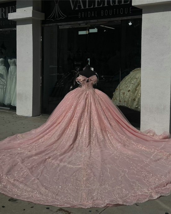 Off Shoulder Pink Quinceanera Ball Gown Rhinestones Quinceanera Dress 2024 Vestidos De Baile Floral Appliques Cocktail