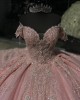 Off Shoulder Pink Quinceanera Ball Gown Rhinestones Quinceanera Dress 2024 Vestidos De Baile Floral Appliques Cocktail