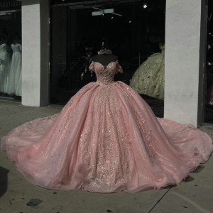 Off Shoulder Pink Quinceanera Ball Gown Rhinestones Quinceanera Dress 2024 Vestidos De Baile Floral Appliques Cocktail