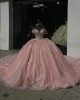 Off Shoulder Pink Quinceanera Ball Gown Rhinestones Quinceanera Dress 2024 Vestidos De Baile Floral Appliques Cocktail