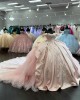 Off Shoulder Pink Quinceanera Dress Beading Vestidos De 15 Anos Sequin Instagram Gowns Lace Appliques Princess Dress With Cathedral Train