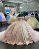 Off Shoulder Pink Quinceanera Dress Beading Vestidos De 15 Anos Sequin Instagram Gowns Lace Appliques Princess Dress With Cathedral Train