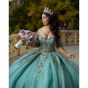 Off Shoulder Quince Dress Aqua Blue Vestidos De 15 Anos Lace Appliques Sweetheart Neck Vestidos De XV Anos