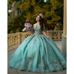 Off Shoulder Quince Dress Aqua Blue Vestidos De 15 Anos Lace Appliques Sweetheart Neck Vestidos De XV Anos