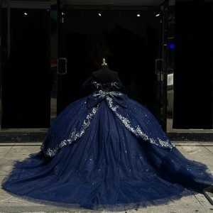 Off Shoulder Quince Dress Navy Blue Vestidos De 15 Anos Lace Appliques Sweetheart Neck Birthday Party Dress With Bow