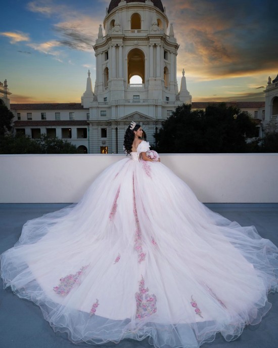 Off Shoulder Quince Dress Pink Vestidos De 15 Anos Sweetheart Neck Birthday Party Dress With Flowers