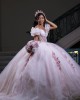 Off Shoulder Quince Dress Pink Vestidos De 15 Anos Sweetheart Neck Birthday Party Dress With Flowers