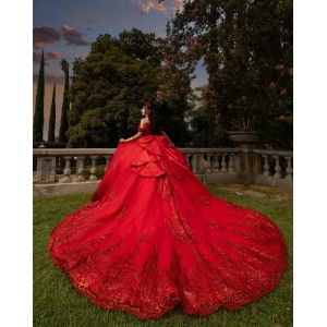 Off Shoulder Red Quinceanera Dress Sequin Vestidos De 15 Anos Strapless Sweet 15 Gowns With Bow