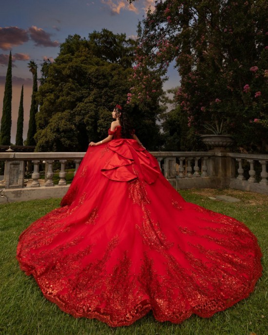 Off Shoulder Red Quinceanera Dress Sequin Vestidos De 15 Anos Strapless Sweet 15 Gowns With Bow