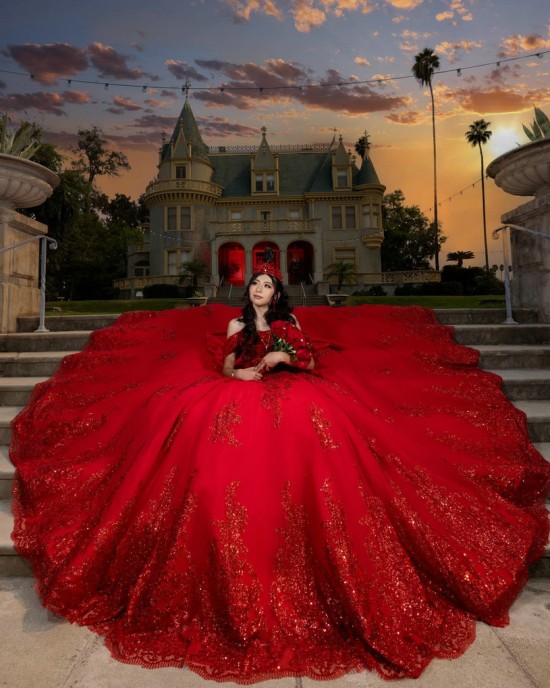 Off Shoulder Red Quinceanera Dress Sequin Vestidos De 15 Anos Strapless Sweet 15 Gowns With Bow