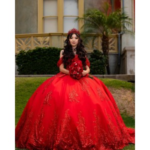 Off Shoulder Red Quinceanera Dress Sequin Vestidos De 15 Anos Strapless Sweet 15 Gowns With Bow