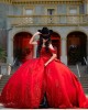 Off Shoulder Red Quinceanera Dress Sequin Vestidos De 15 Anos Strapless Sweet 15 Gowns With Bow