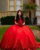 Off Shoulder Red Quinceanera Dress Sequin Vestidos De 15 Anos Strapless Sweet 15 Gowns With Bow