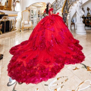 Off Shoulder Red Quinceanera Dresses Lace Applique Prom Dress Ball Gowns for Sweet 16 Party