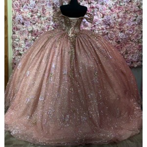 Off Shoulder Rose Gold Quinceanera Dress for Women Sweetheart Neck Crystal Evening Party Gown Sweet 15 Gown