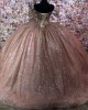 Off Shoulder Rose Gold Quinceanera Dress for Women Sweetheart Neck Crystal Evening Party Gown Sweet 15 Gown